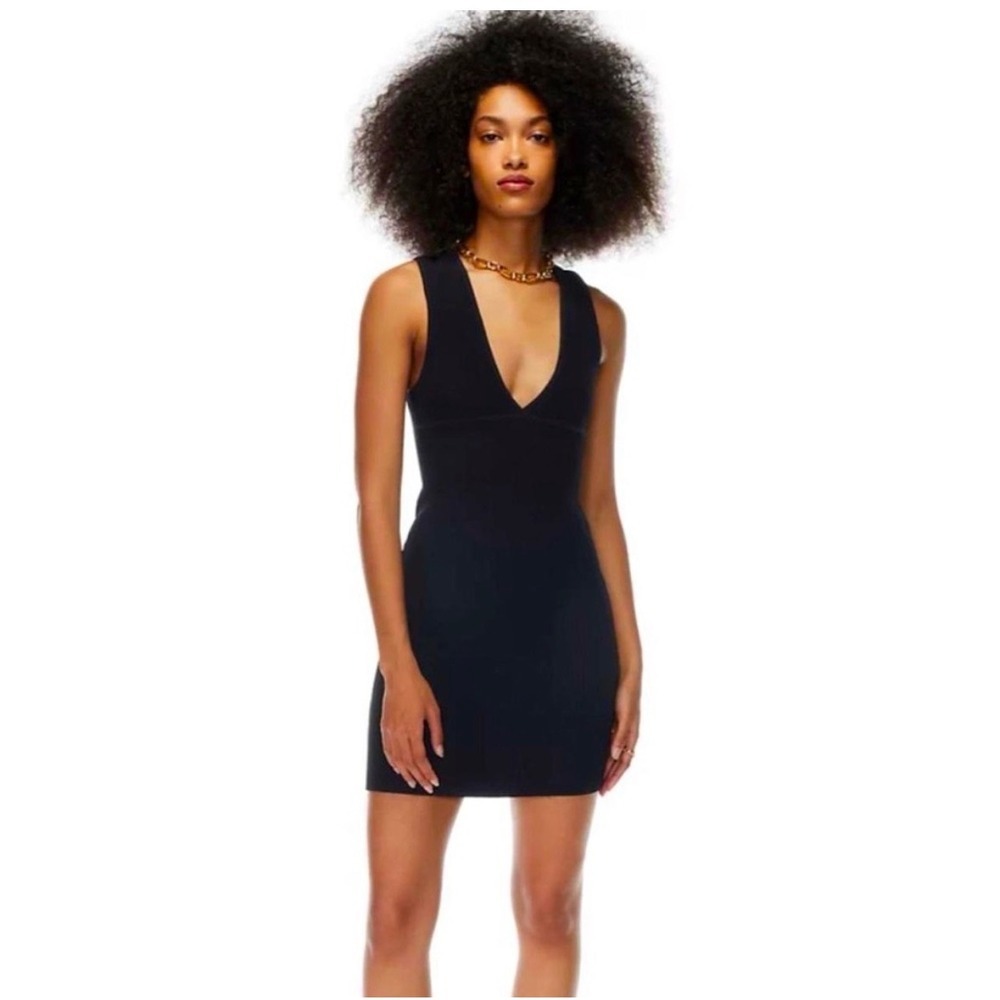 House of Harlow 1960 Black Ribbed Knit V-Neck Mini Dress Small Sleeveless